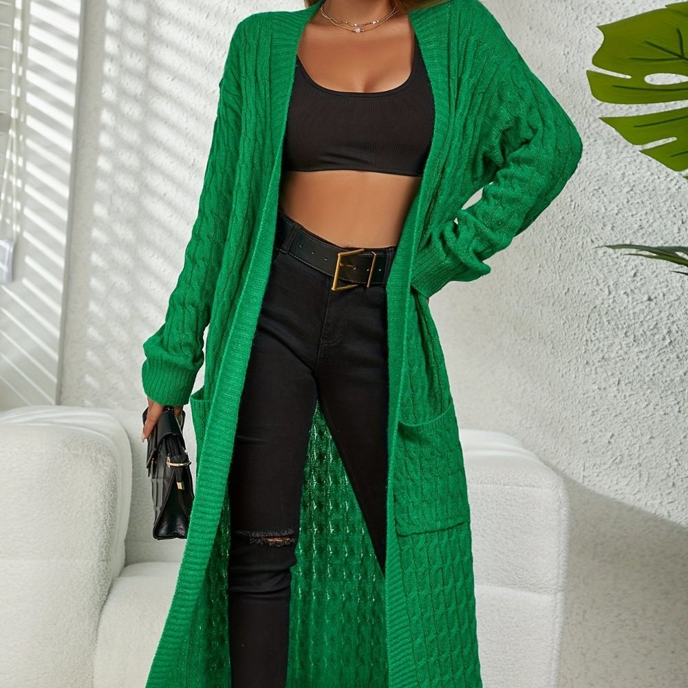 Women’s Medium Emerald Green Cable-Knit Maxi Cardigan Open-Front Sweater - Picture 9 of 11